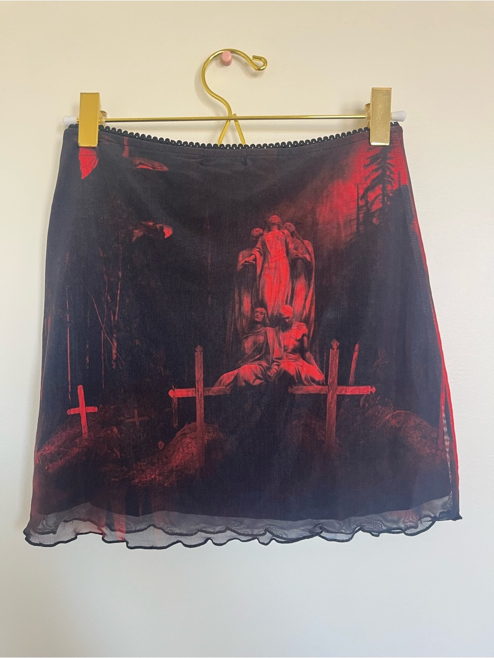 Dolls Kill Black and Red Sheer Mesh Mini Skirt with Gothic Scene